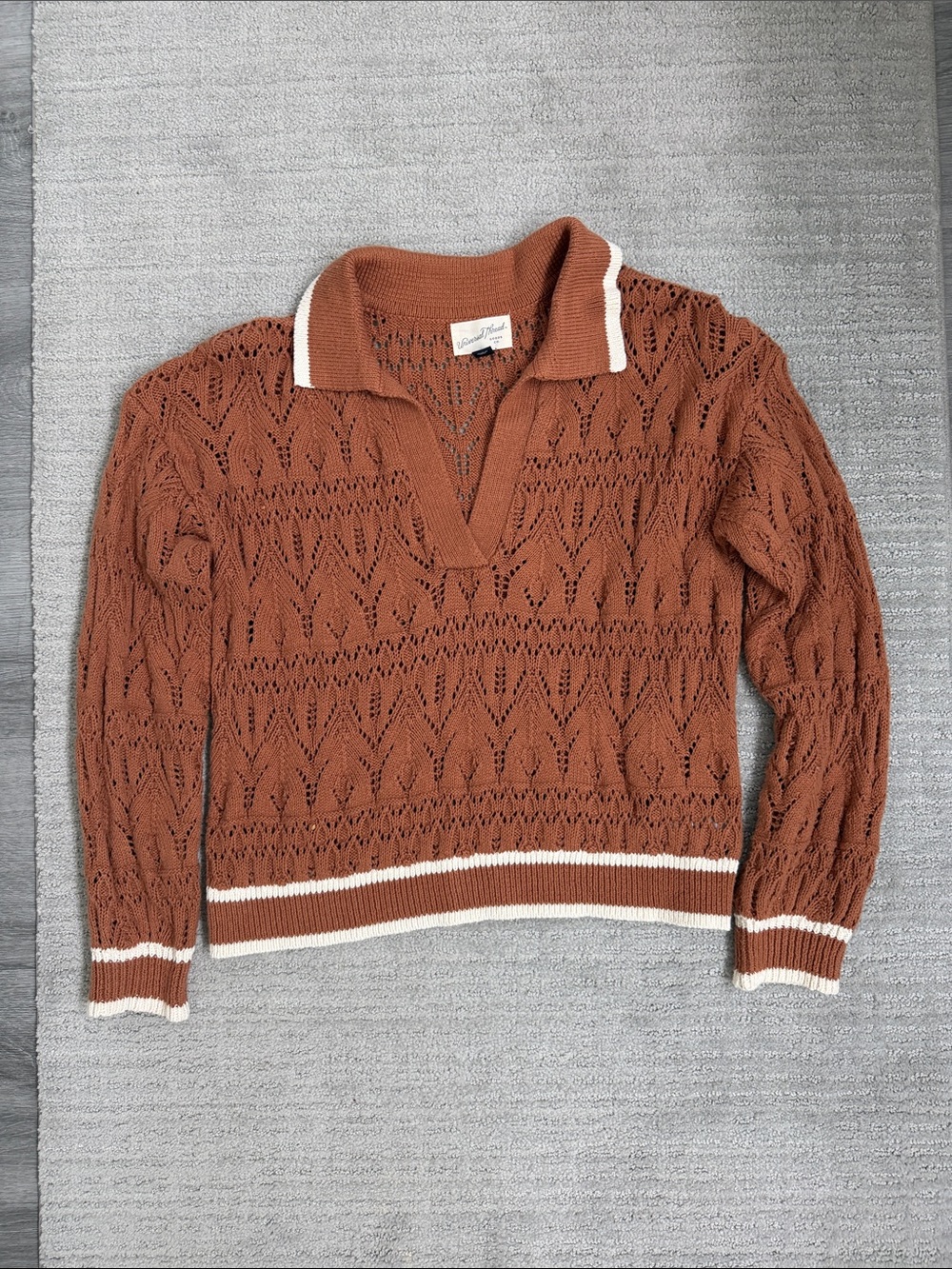 Universal Thread Rust Open-Knit V-Neck Sweater with Cream Trim